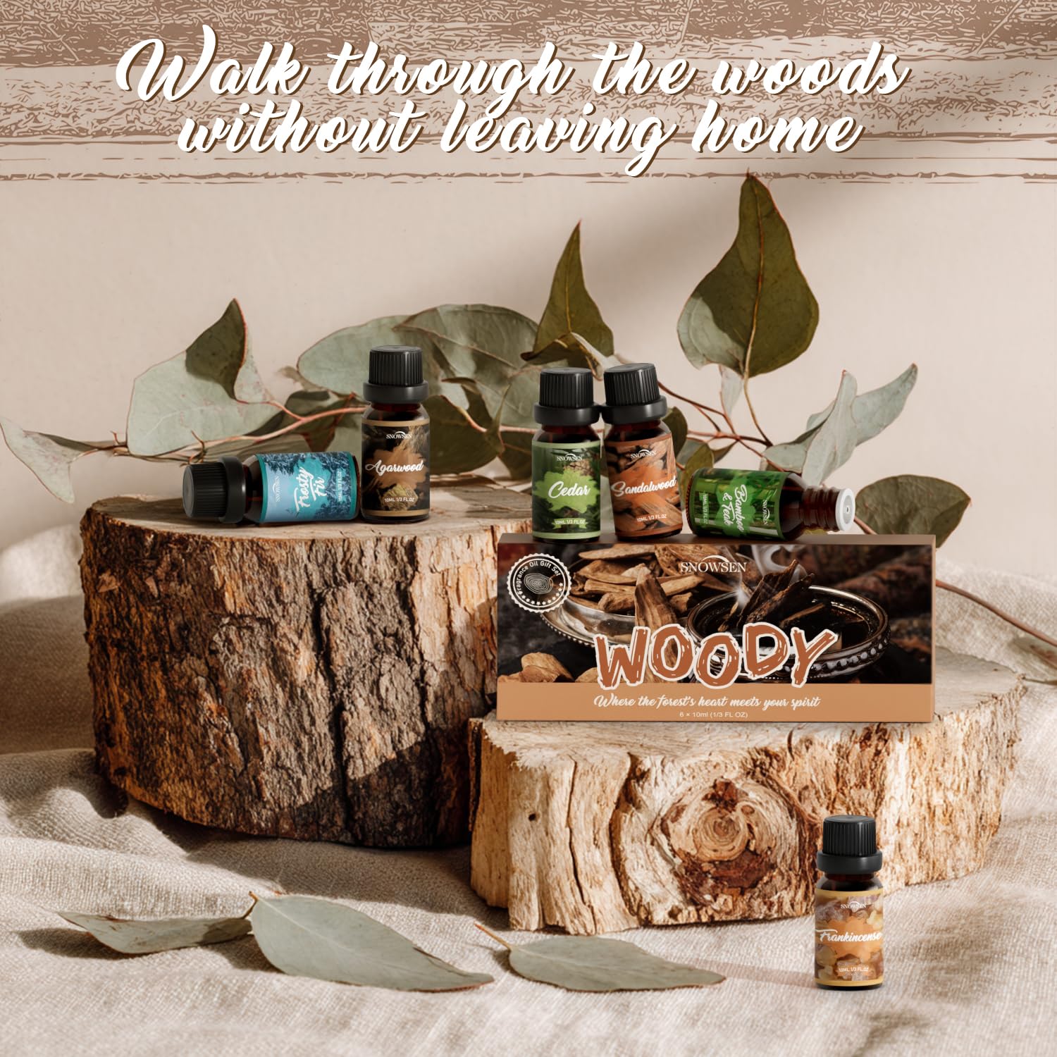 SNOWSEN Woody Essential Oil Set packaging display showing six wood scents and easy dropper caps