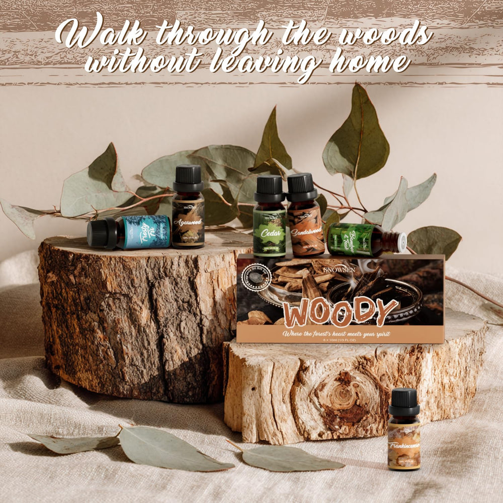 SNOWSEN Woody Essential Oil Set packaging display showing six wood scents and easy dropper caps