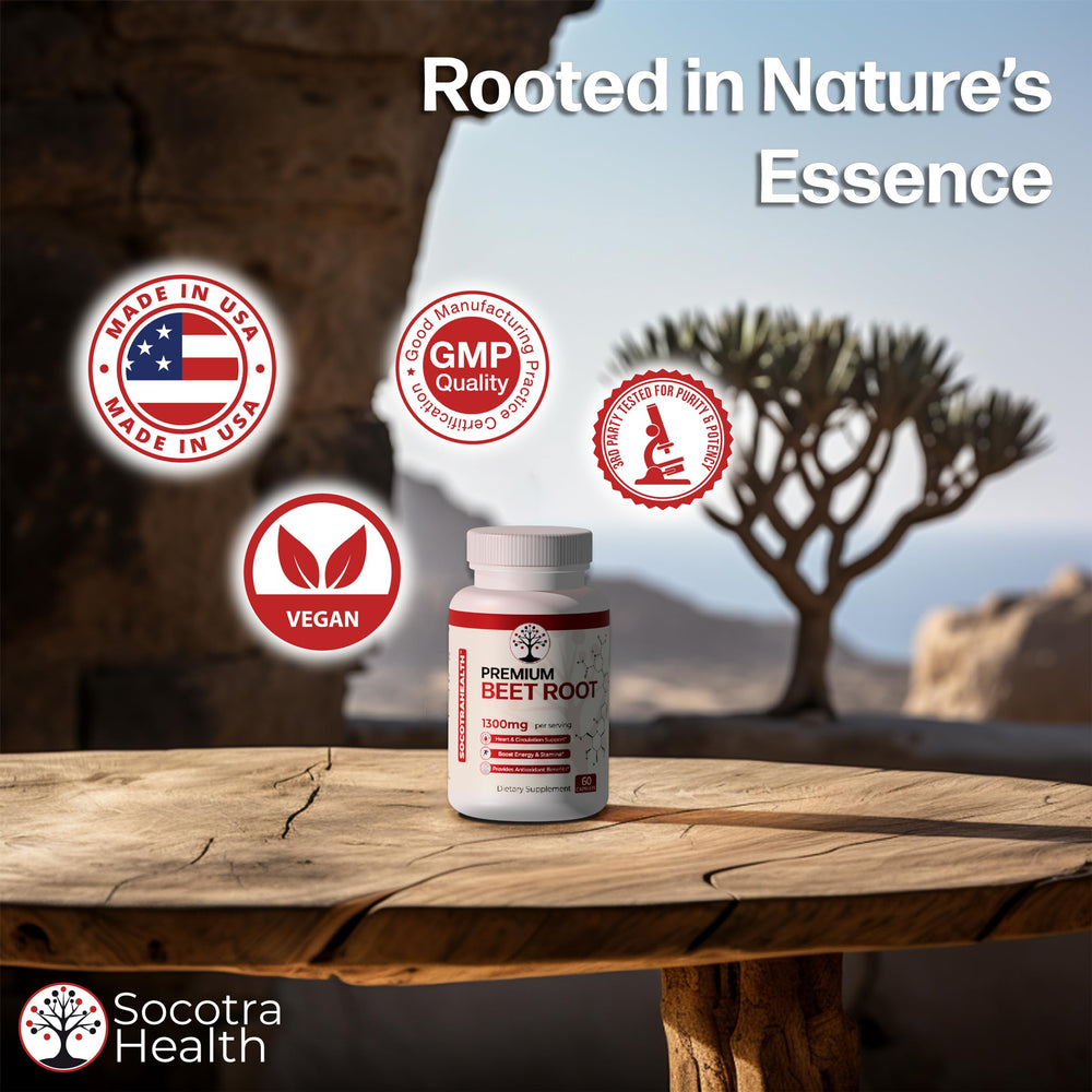 Socotra Health Beet Root Capsules packaging and glass of water illustrating easy daily use