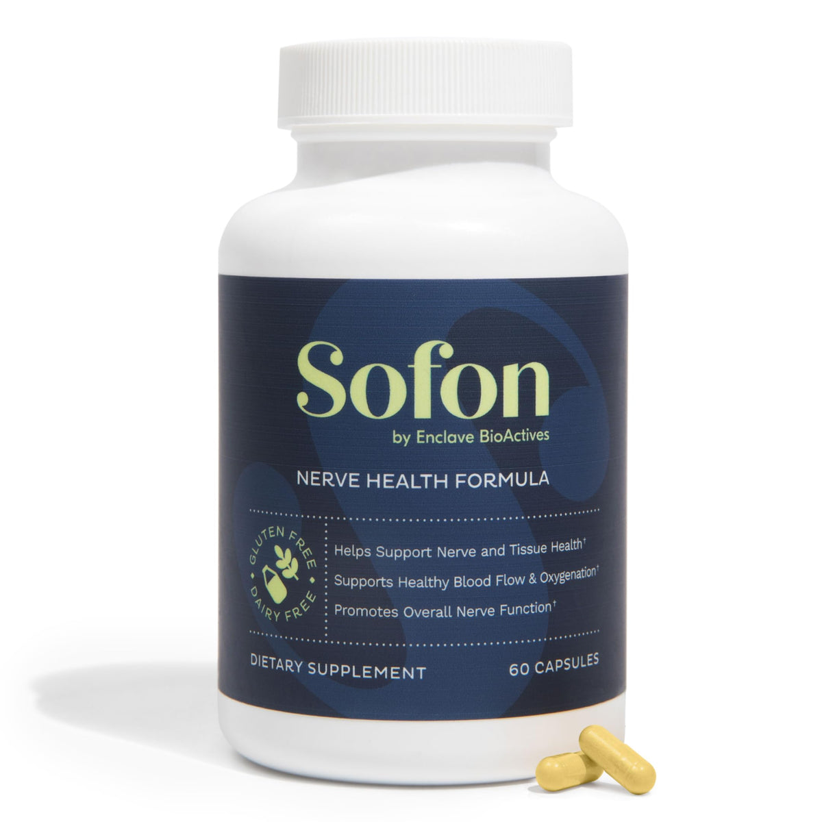 Sofon nerve support bottle on the counter for daily nerve comfort.