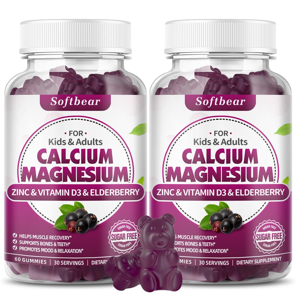 Softbear Calcium Magnesium Zinc Gummies bottle front showing elderberry flavor for daily bone support.