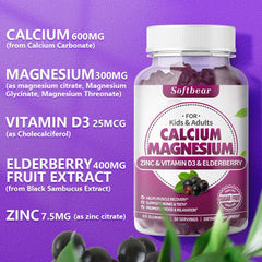 Softbear calcium magnesium zinc gummies label vegan and sugar-free nutrition