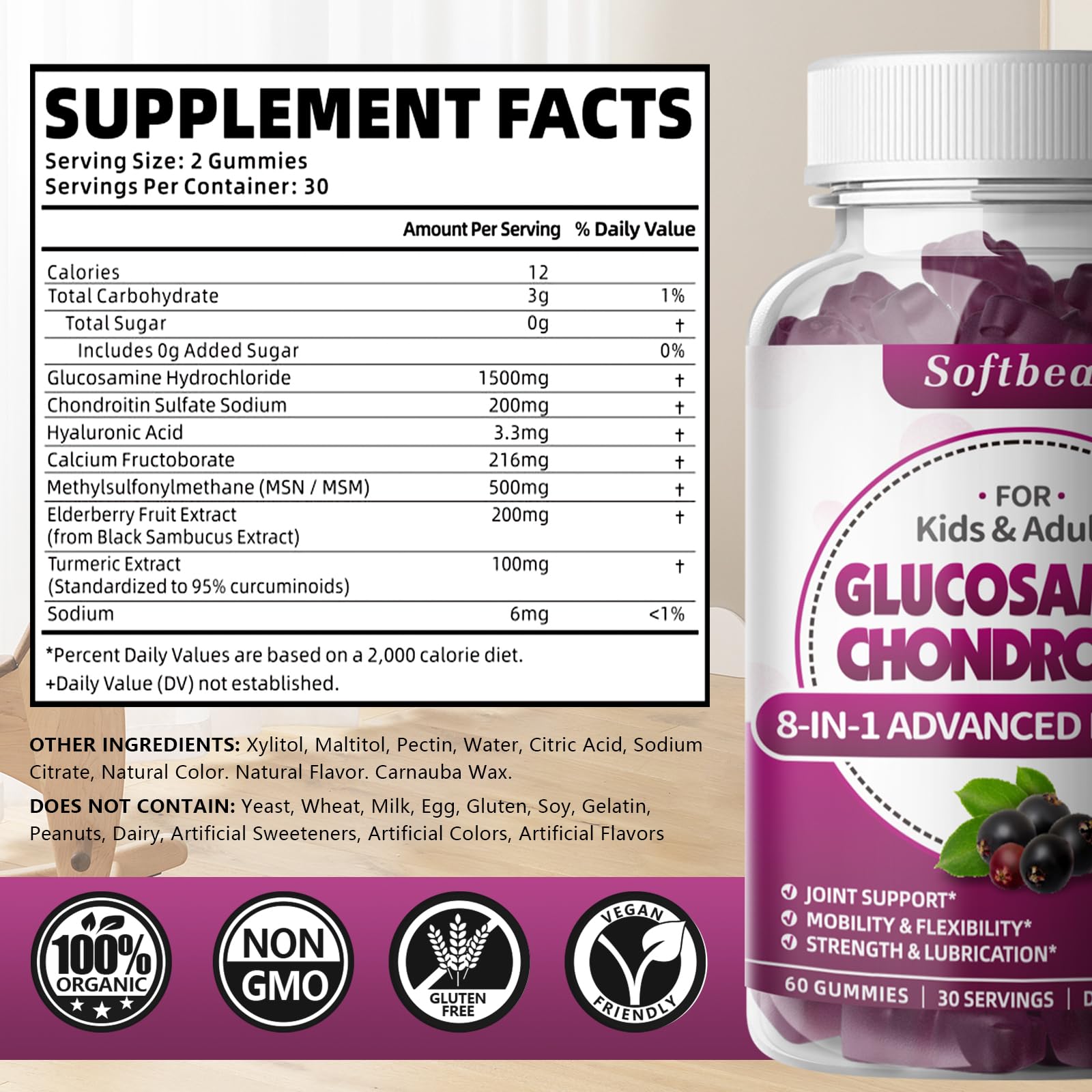 Close-up of Softbear elderberry gummies highlighting sugar-free vegan formula.