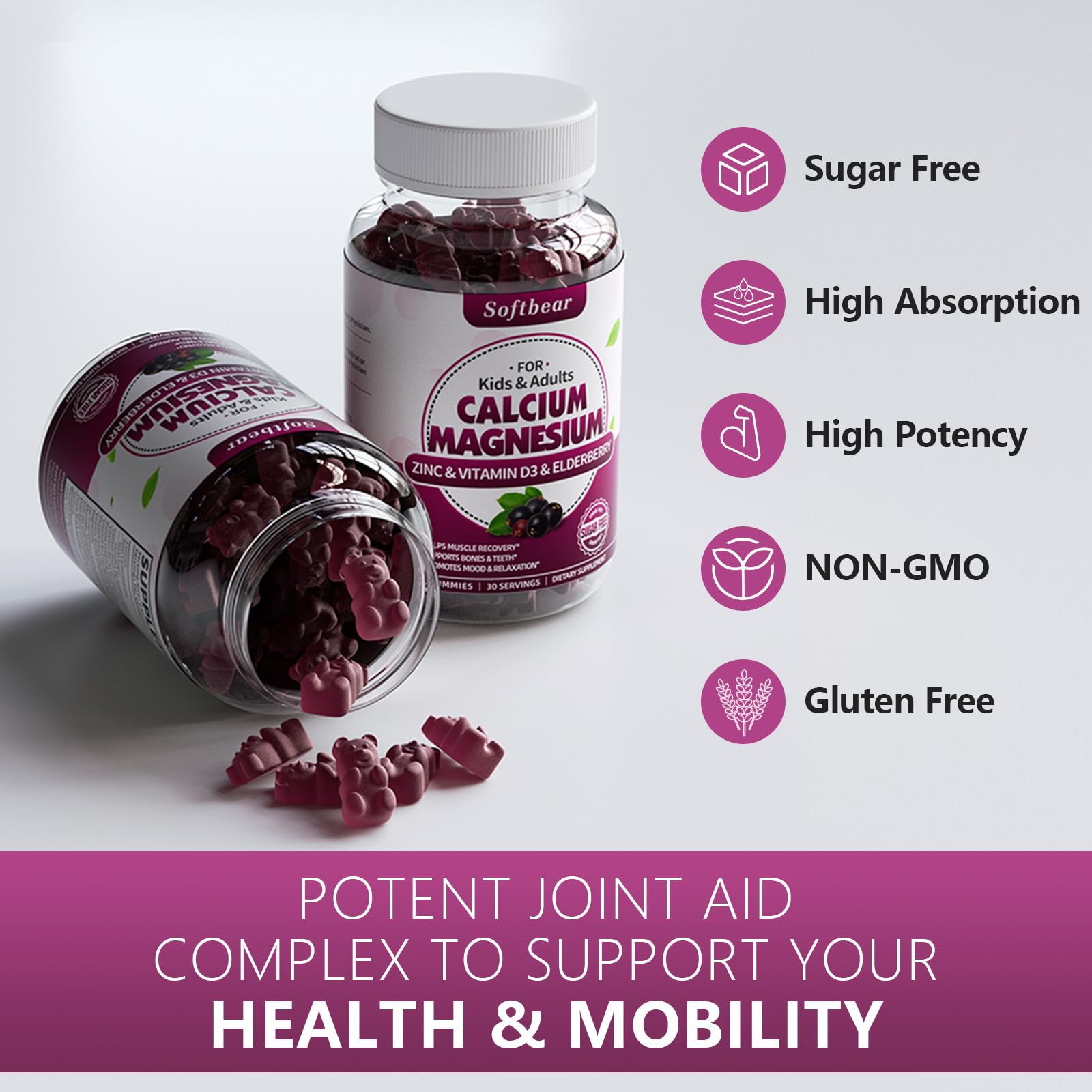 Softbear elderberry gummies beside fresh elderberries for daily routine use.
