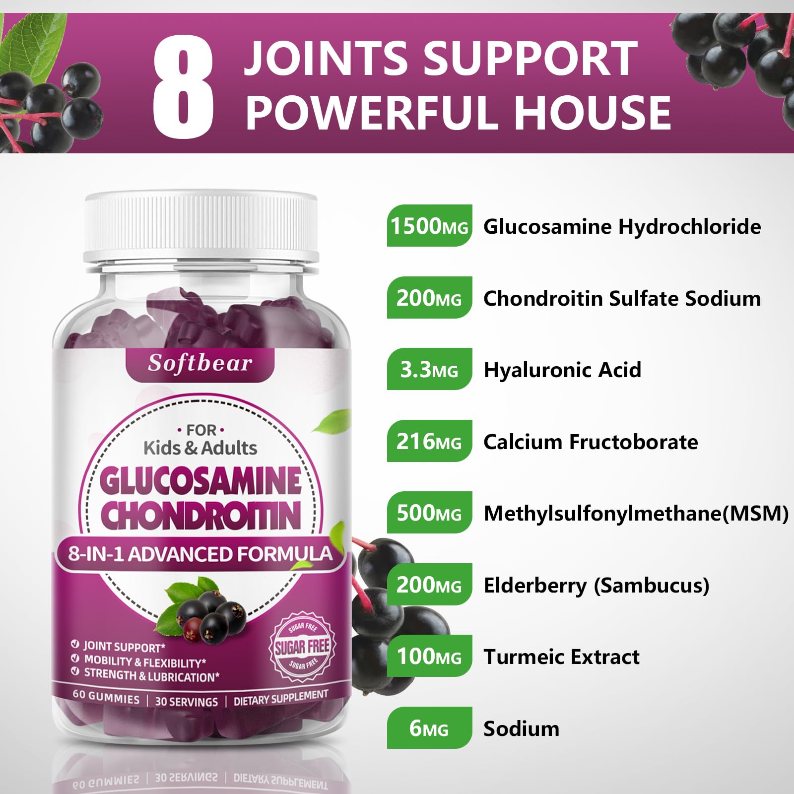 Softbear gummies bag label showing 1500 mg glucosamine, 1000 mg MSM, 200 mg chondroitin.