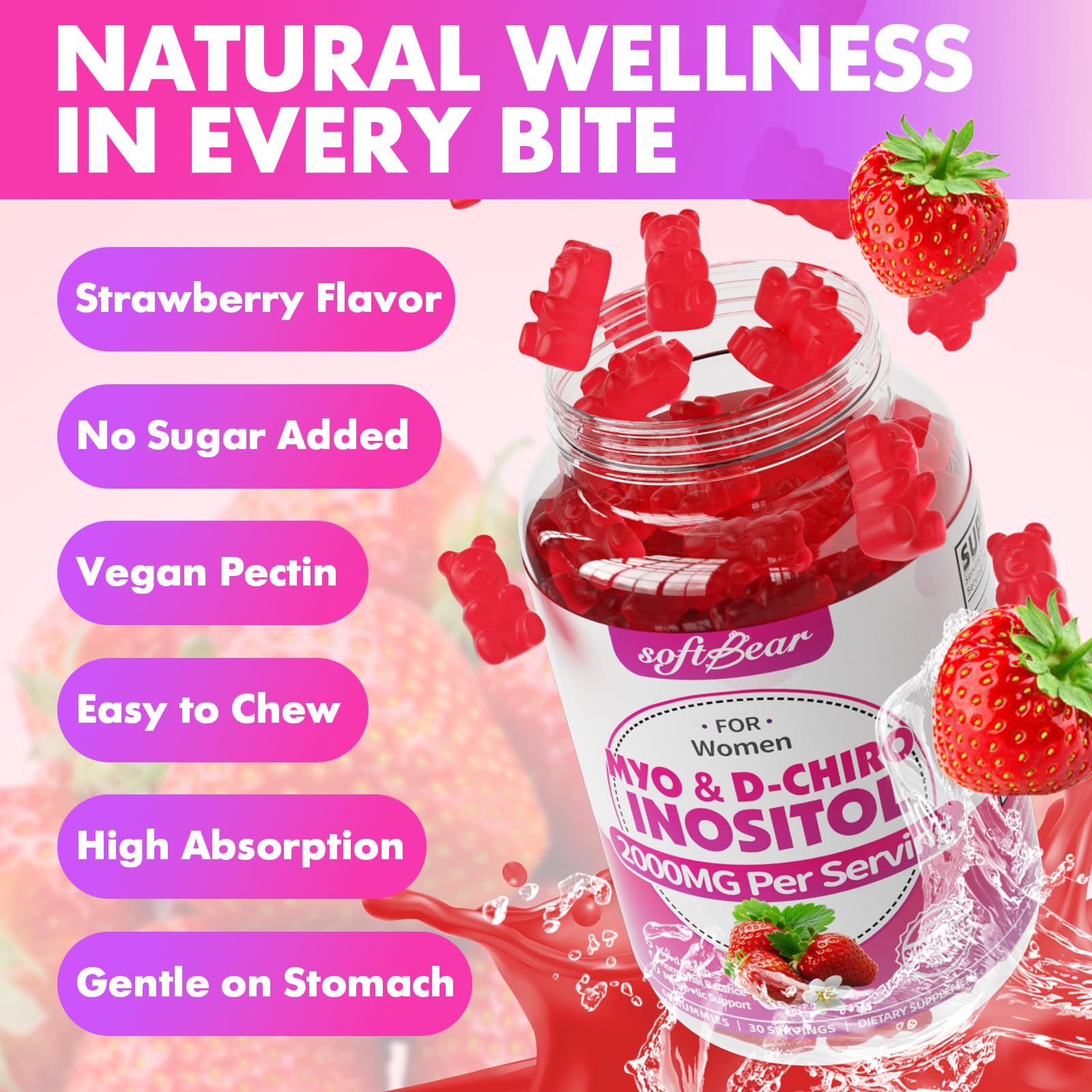 SoftBear Inositol strawberry flatlay with gummies and bottle on a clean surface.
