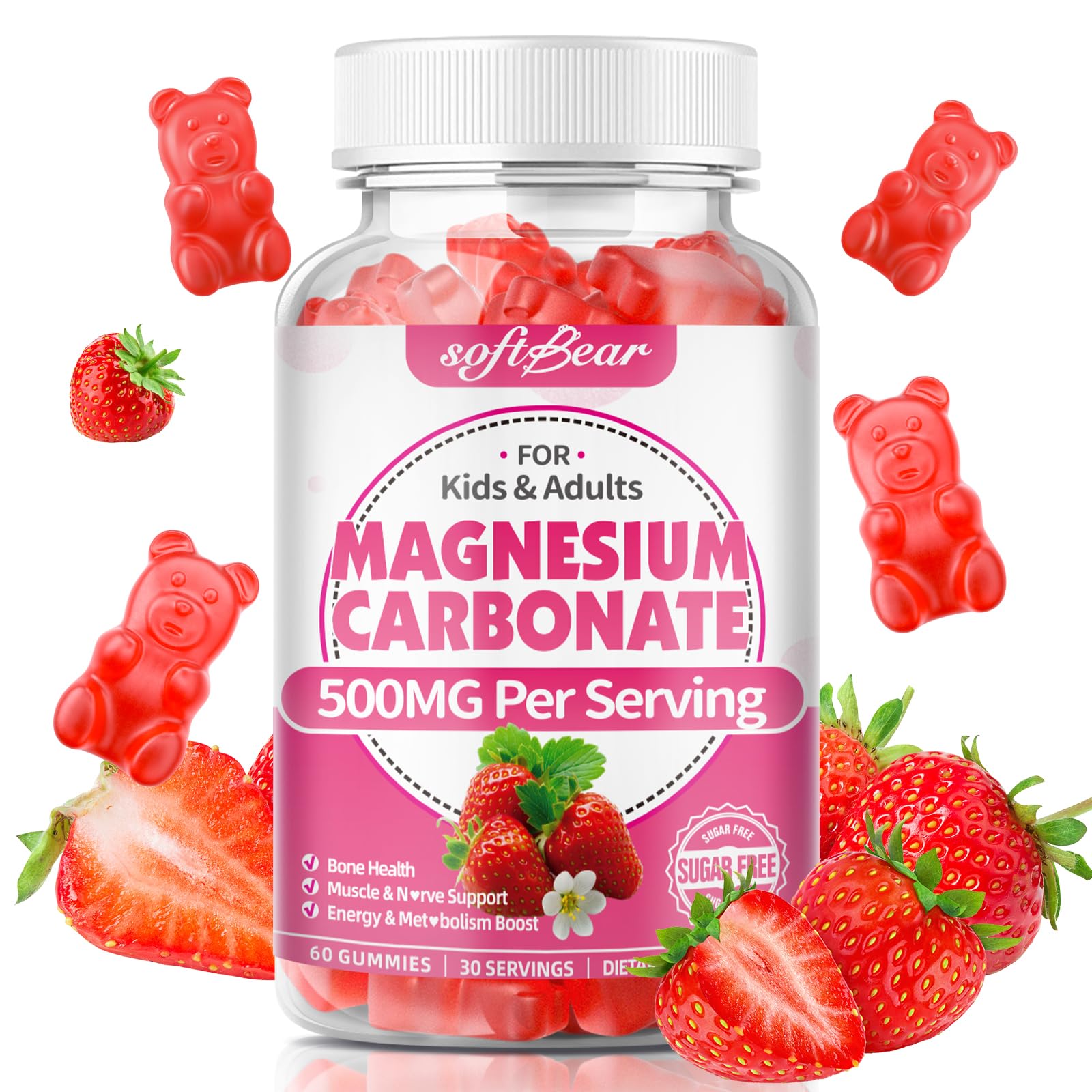 Softbear Magnesium Gummies bottle highlights 500mg per serving for daily support.