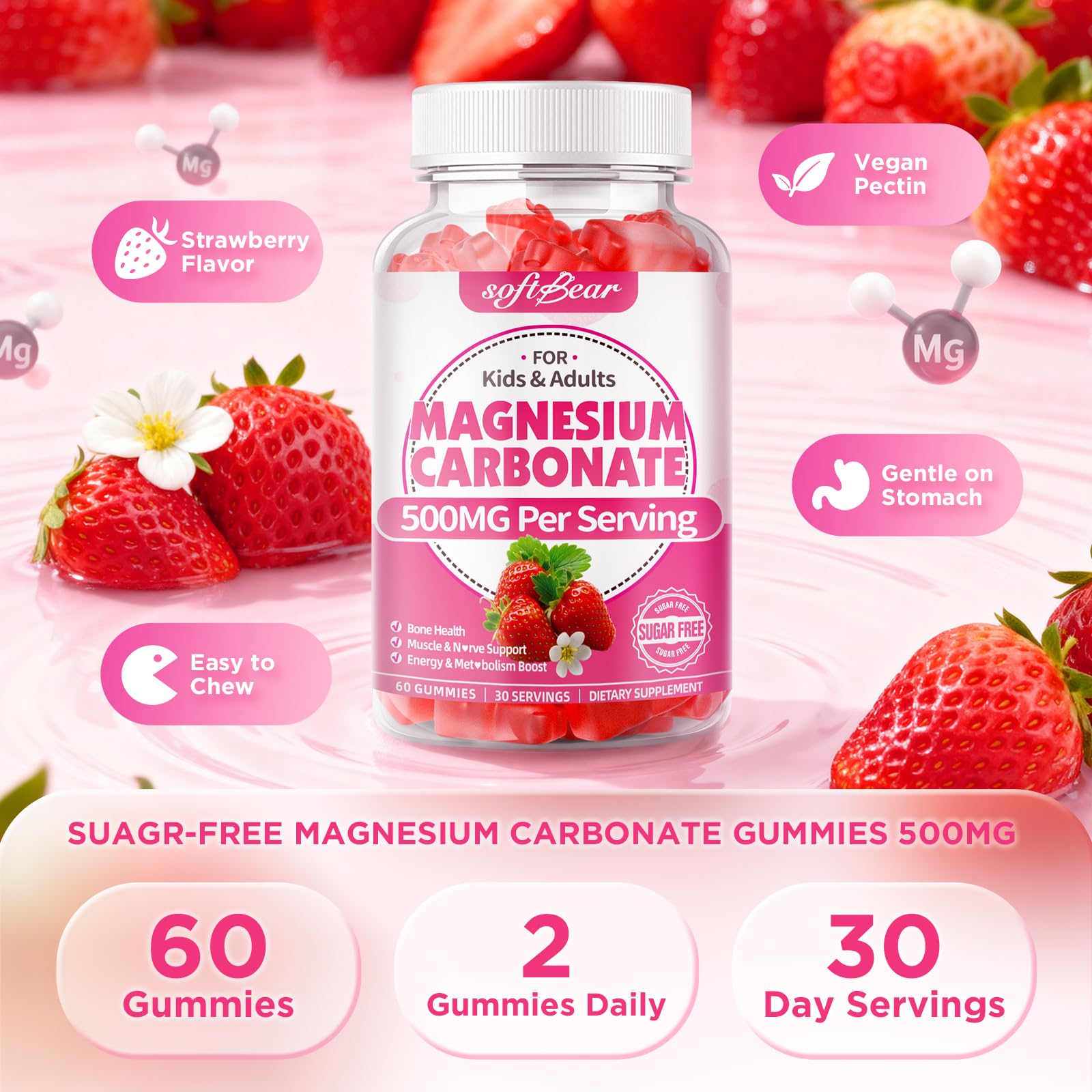 Sugar-free badge visible on Softbear magnesium gummies packaging.