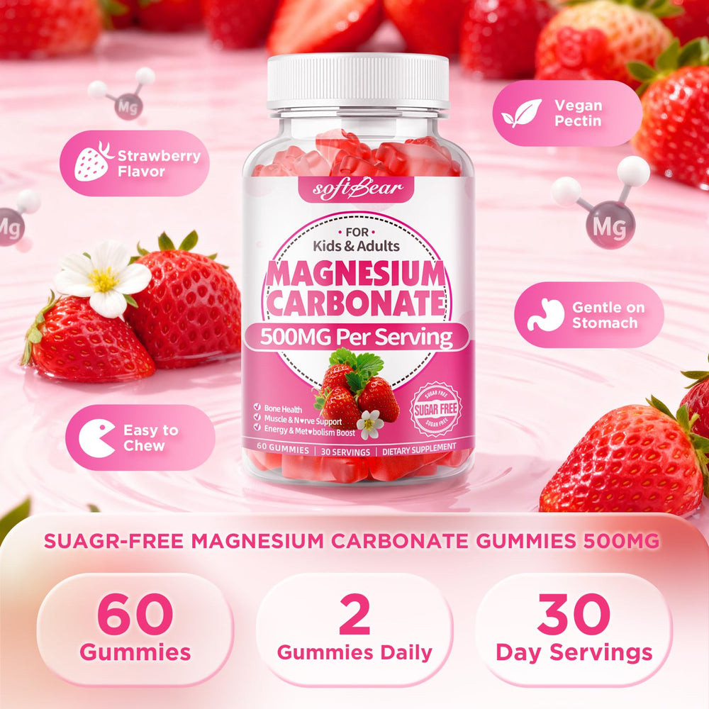 Sugar-free badge visible on Softbear magnesium gummies packaging.