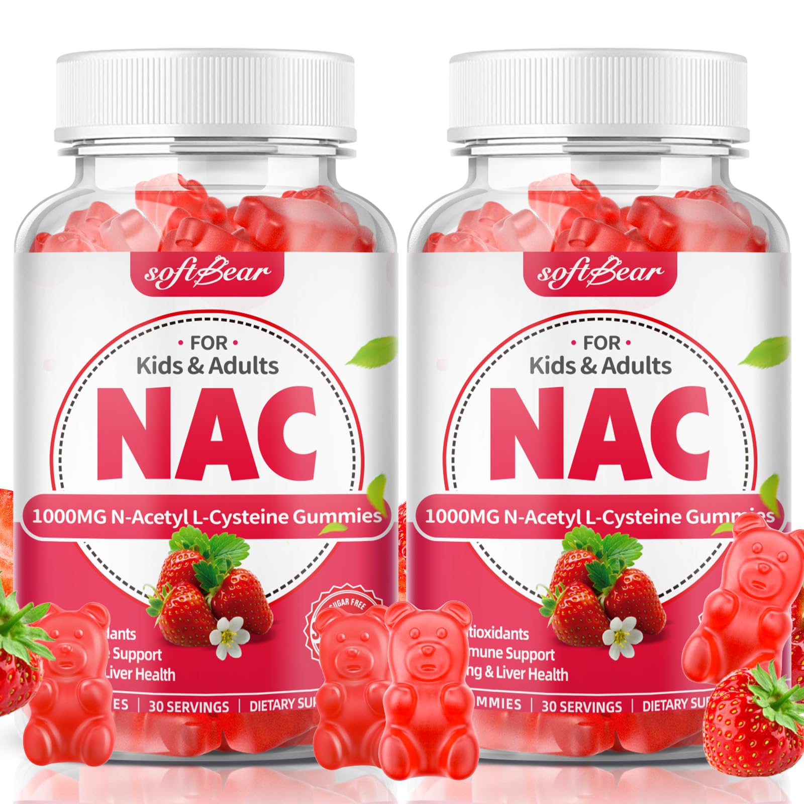 SoftBear NAC gummies bottle pour shows 1000mg per serving, potential immune support