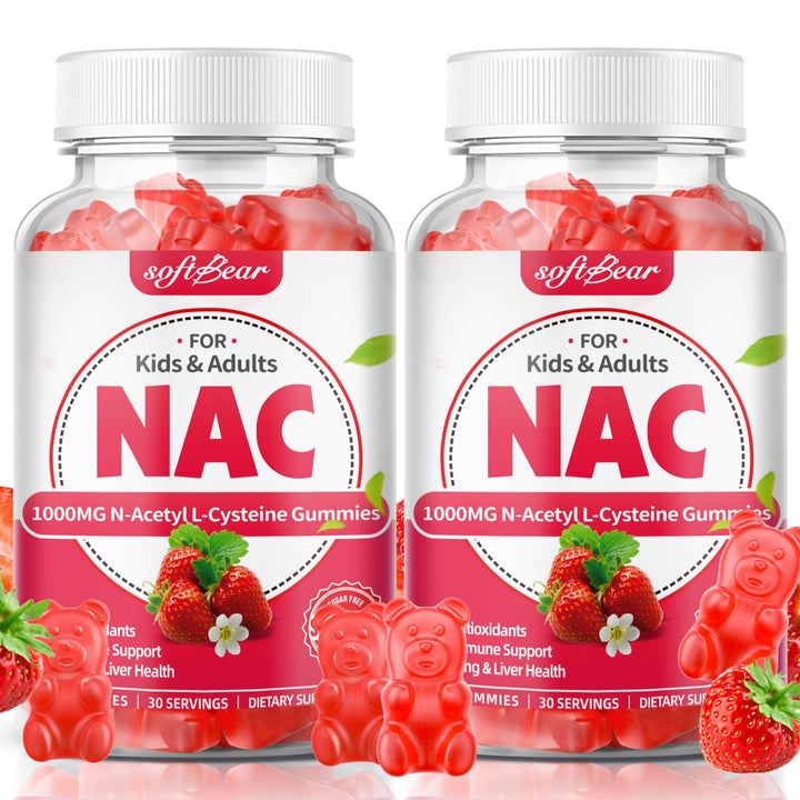 SoftBear NAC gummies bottle pour shows 1000mg per serving, potential immune support