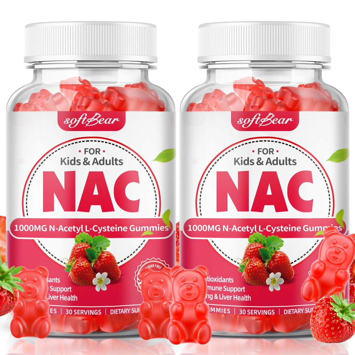 SoftBear NAC gummies bottle pour shows 1000mg per serving, potential immune support