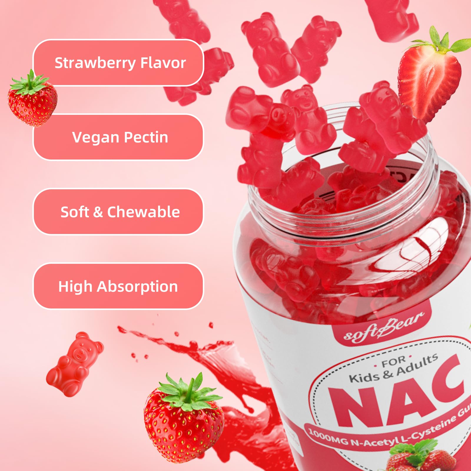 SoftBear NAC gummies ingredient label emphasizes non-GMO gluten-free gelatin-free formula