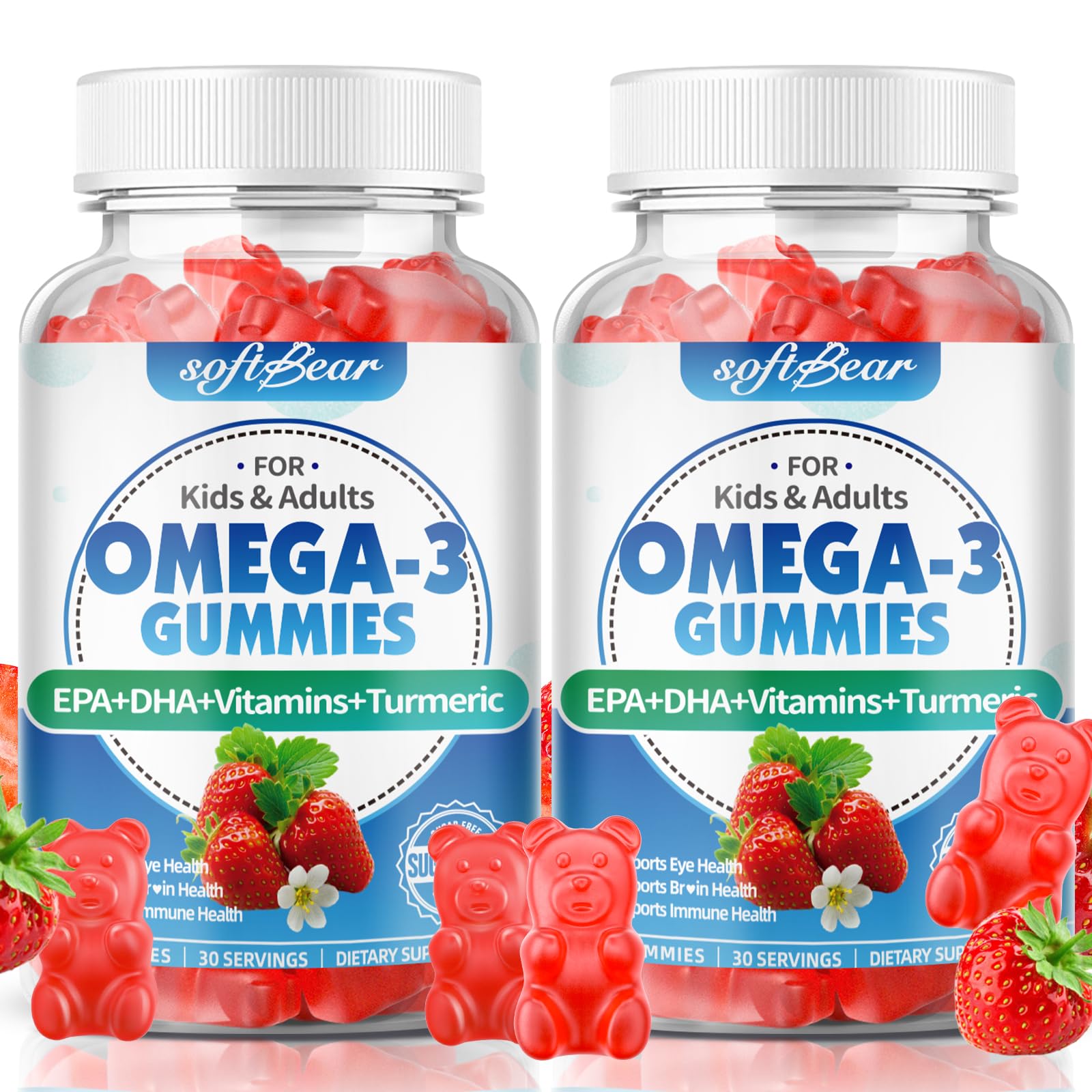 SoftBear Omega 3 Gummies bottle label; vegan algae-derived omega 3 for daily wellness.