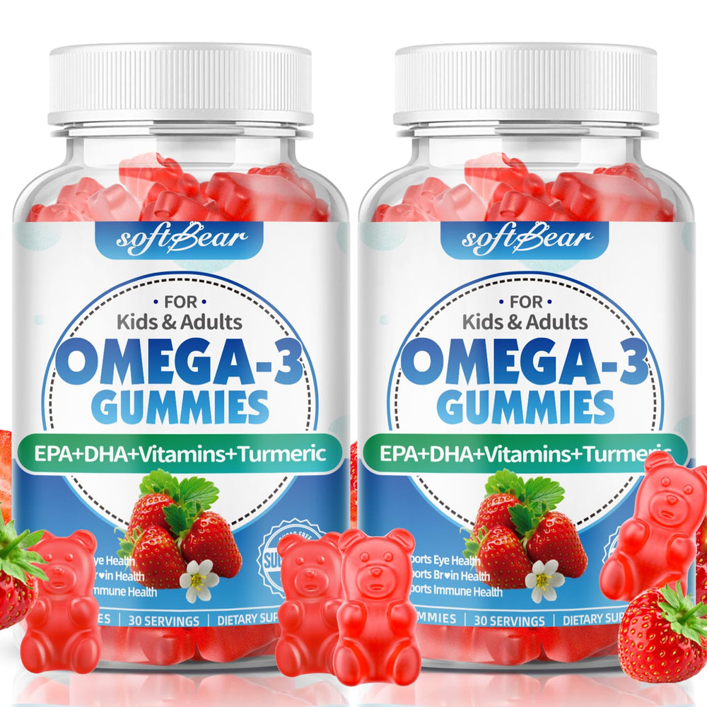 SoftBear Omega 3 Gummies bottle label; vegan algae-derived omega 3 for daily wellness.