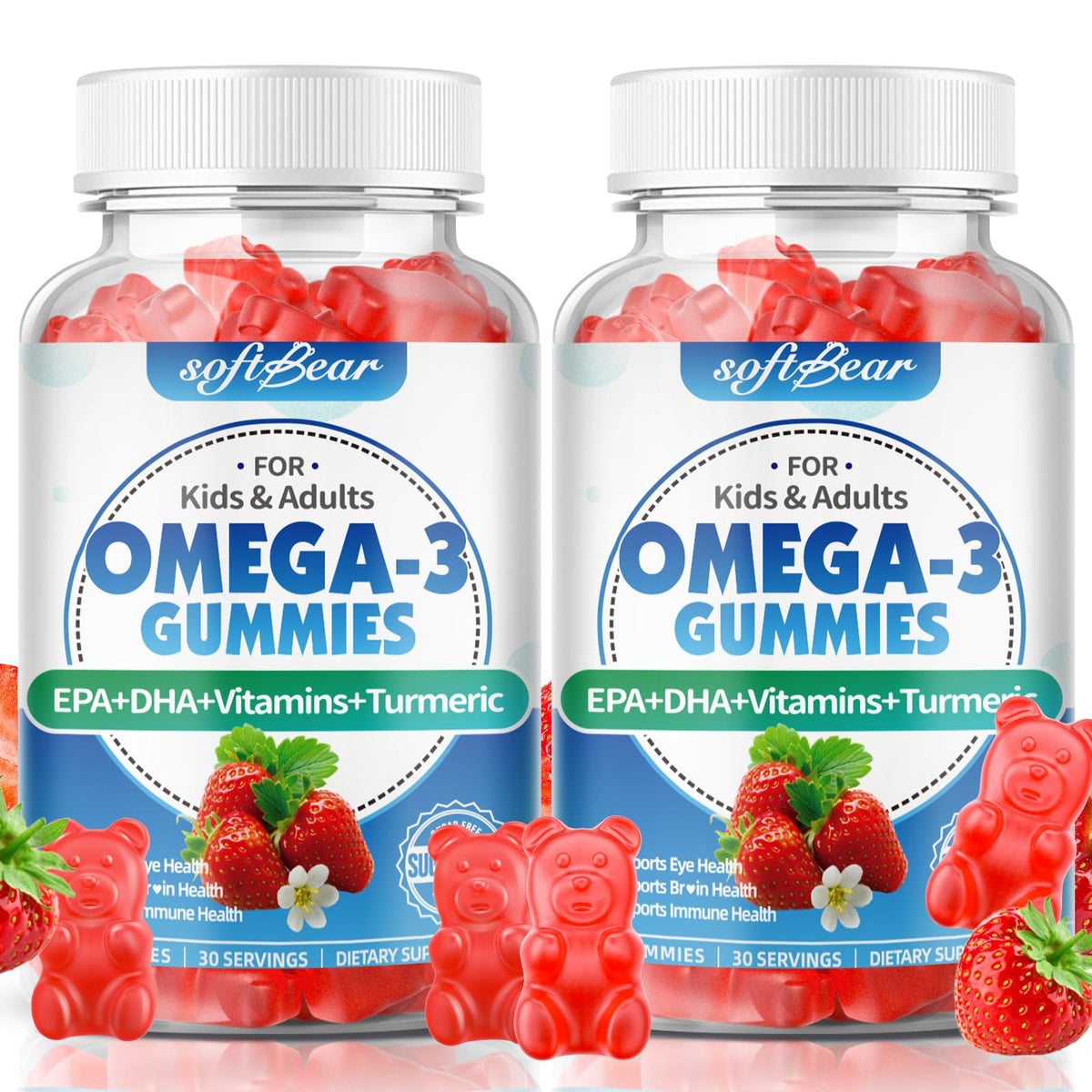 SoftBear Omega 3 Gummies bottle label; vegan algae-derived omega 3 for daily wellness.