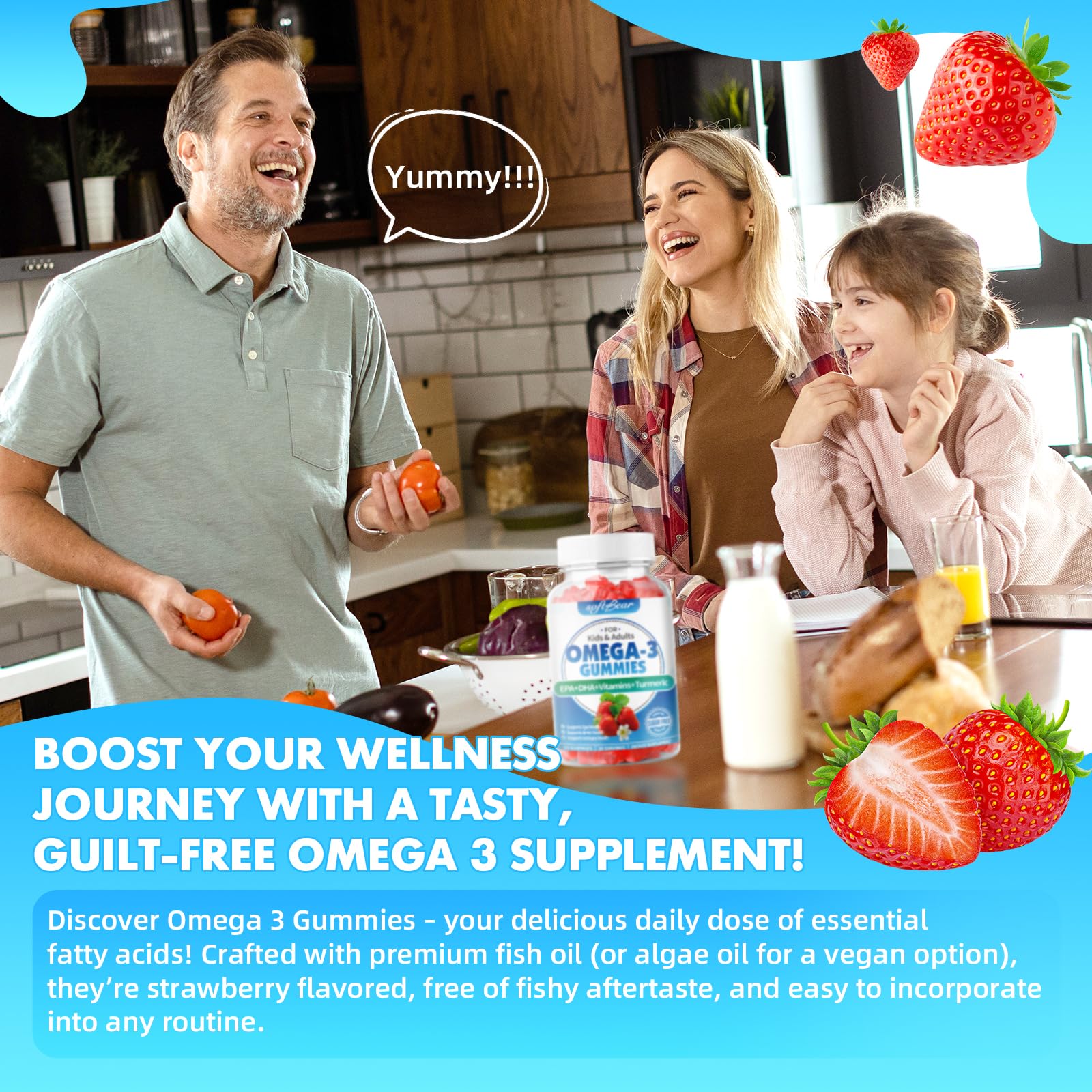 SoftBear Omega 3 Gummies support focus, eye comfort, and immune function.