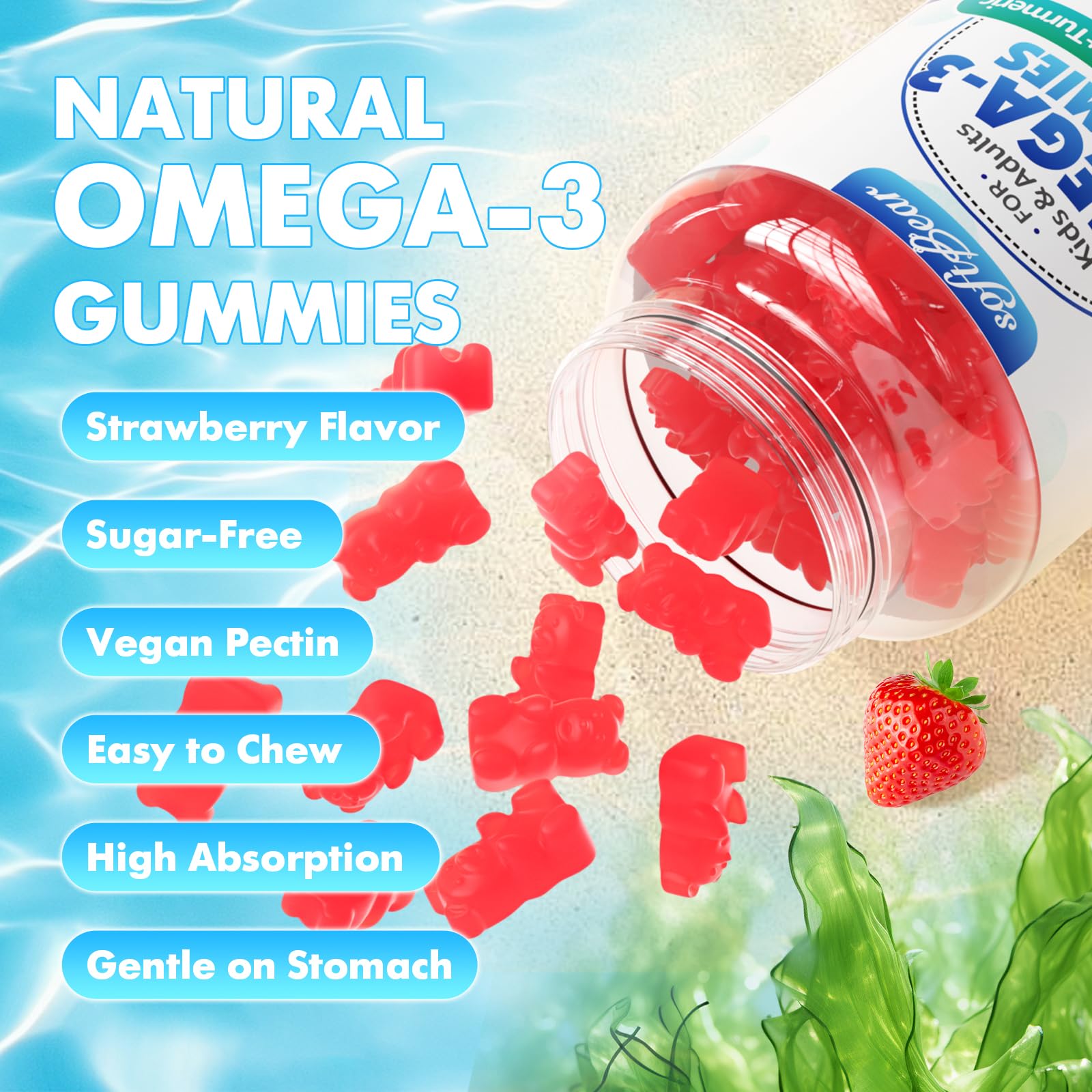 SoftBear Omega 3 Gummies with turmeric and vitamins aid absorption.