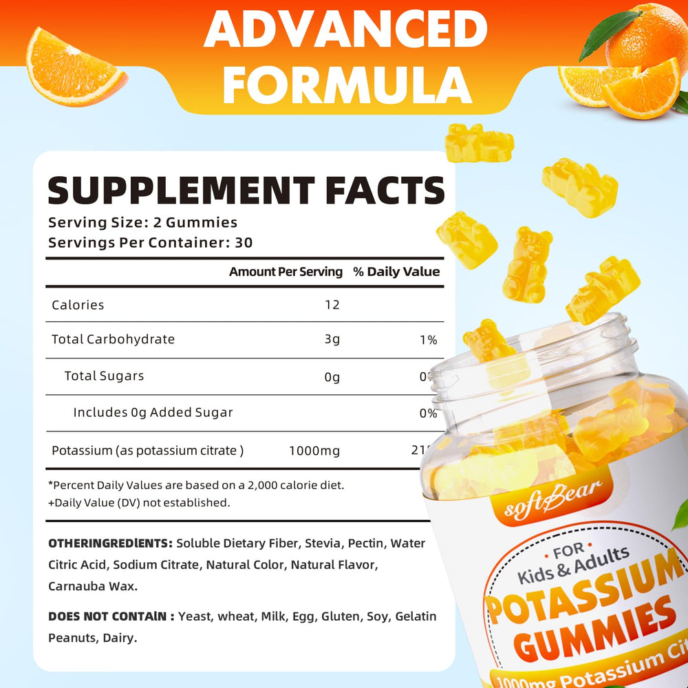 softbear Potassium Citrate Gummies close-up highlights orange flavor and chewable ease.