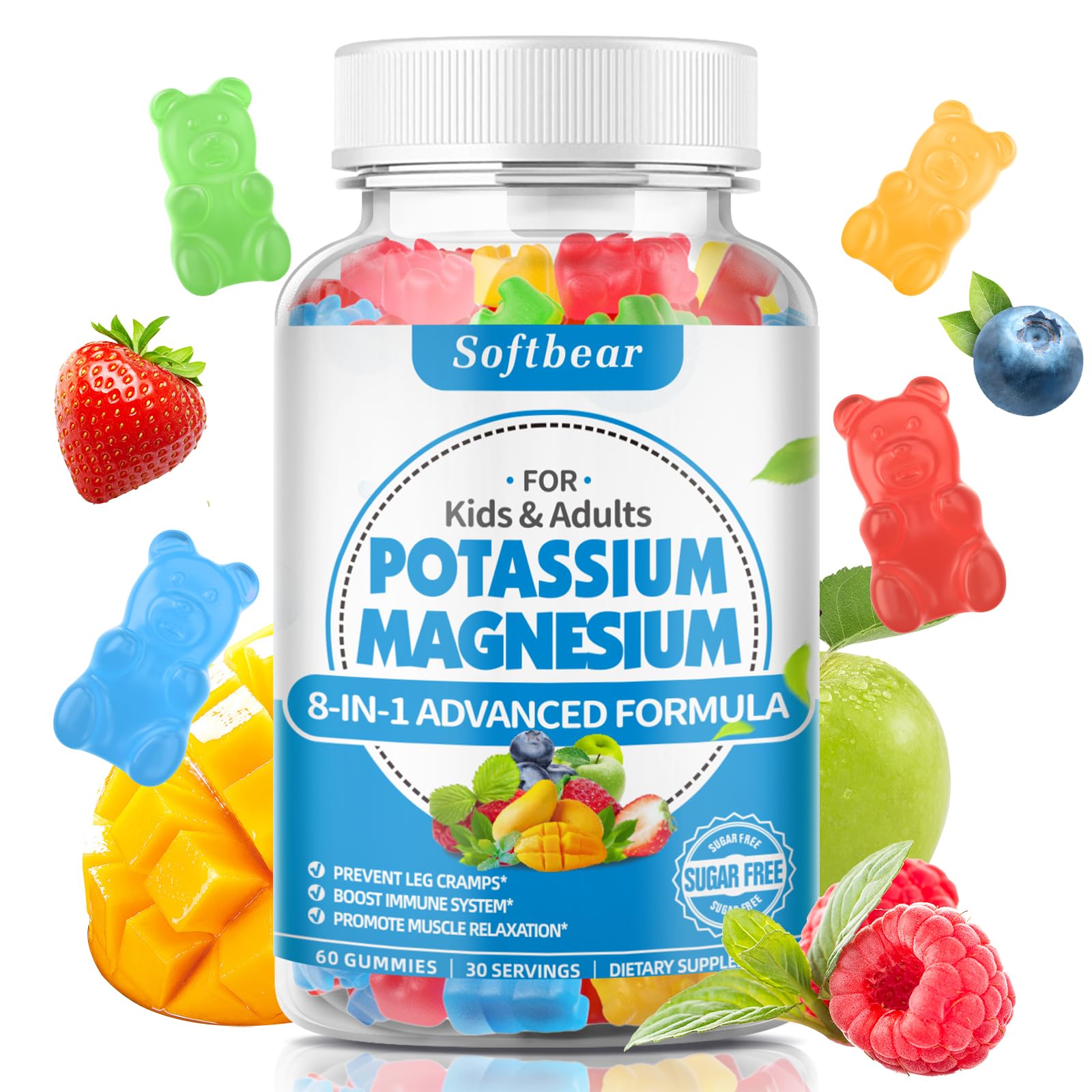 Softbear potassium gummies jar front showing convenient daily muscle support.