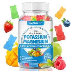 Softbear potassium gummies jar front showing convenient daily muscle support.