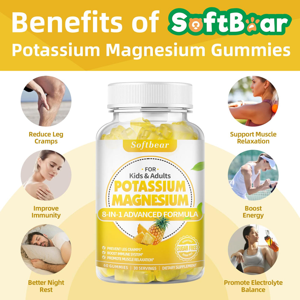Softbear Potassium Gummies pineapple flavor packaging and chewable form