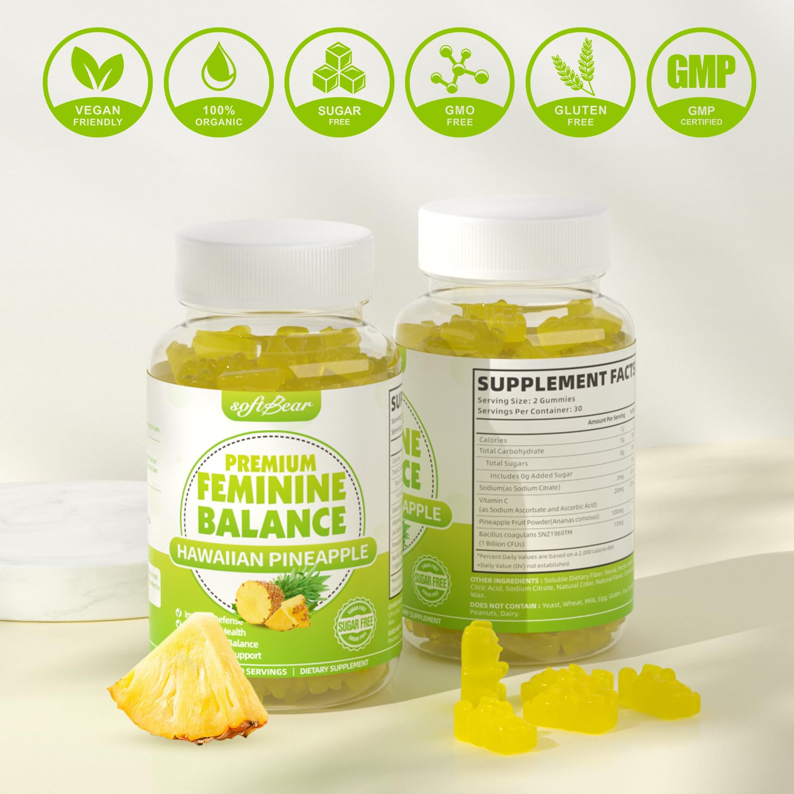Softbear product shot illustrates natural pineapple flavor and daily use