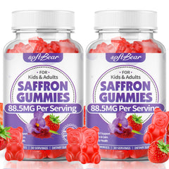 Softbear saffron gummies bottle offers calm focus for daily routines.