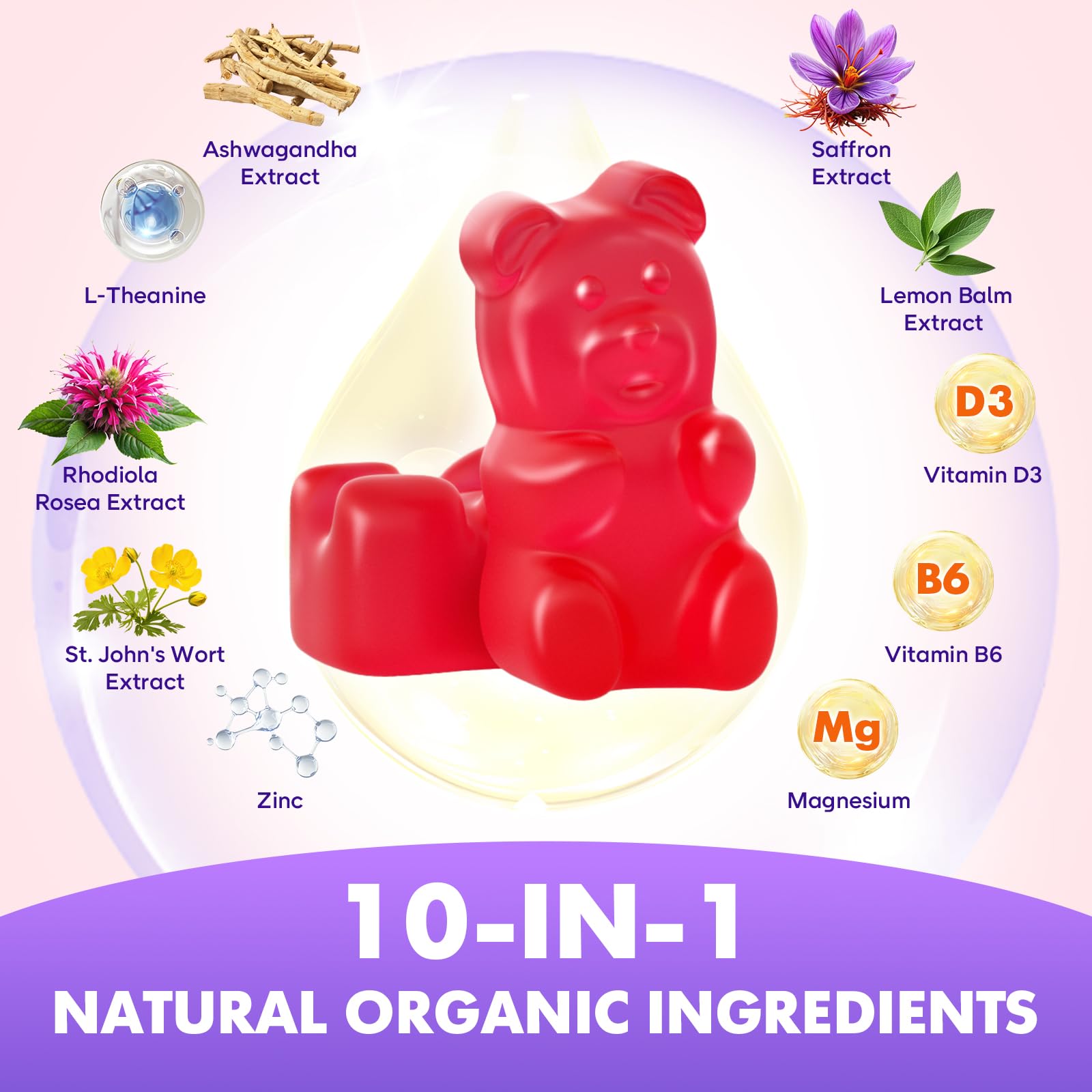 Softbear saffron gummies closeup shows strawberry flavor and chewy texture.