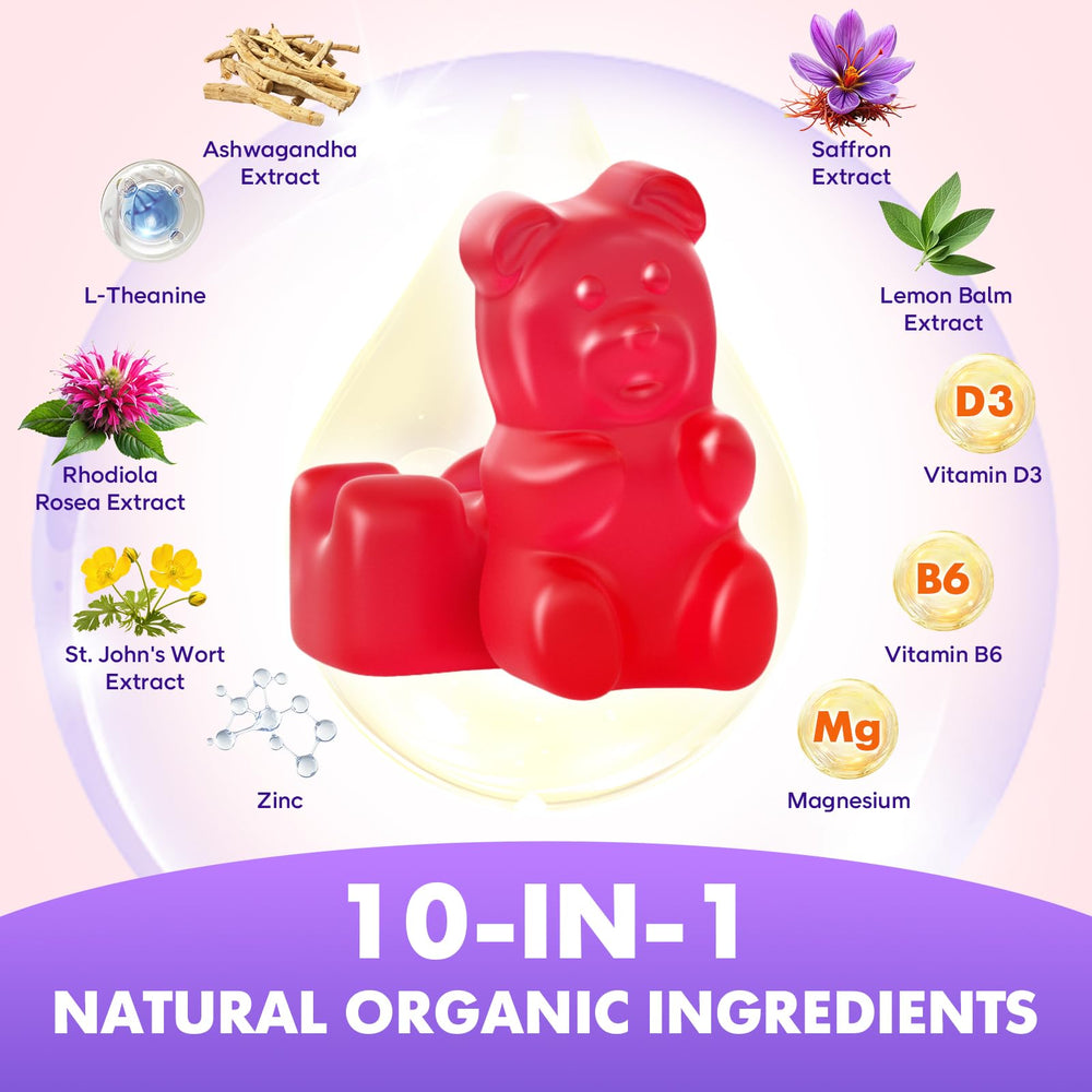 Softbear saffron gummies closeup shows strawberry flavor and chewy texture.