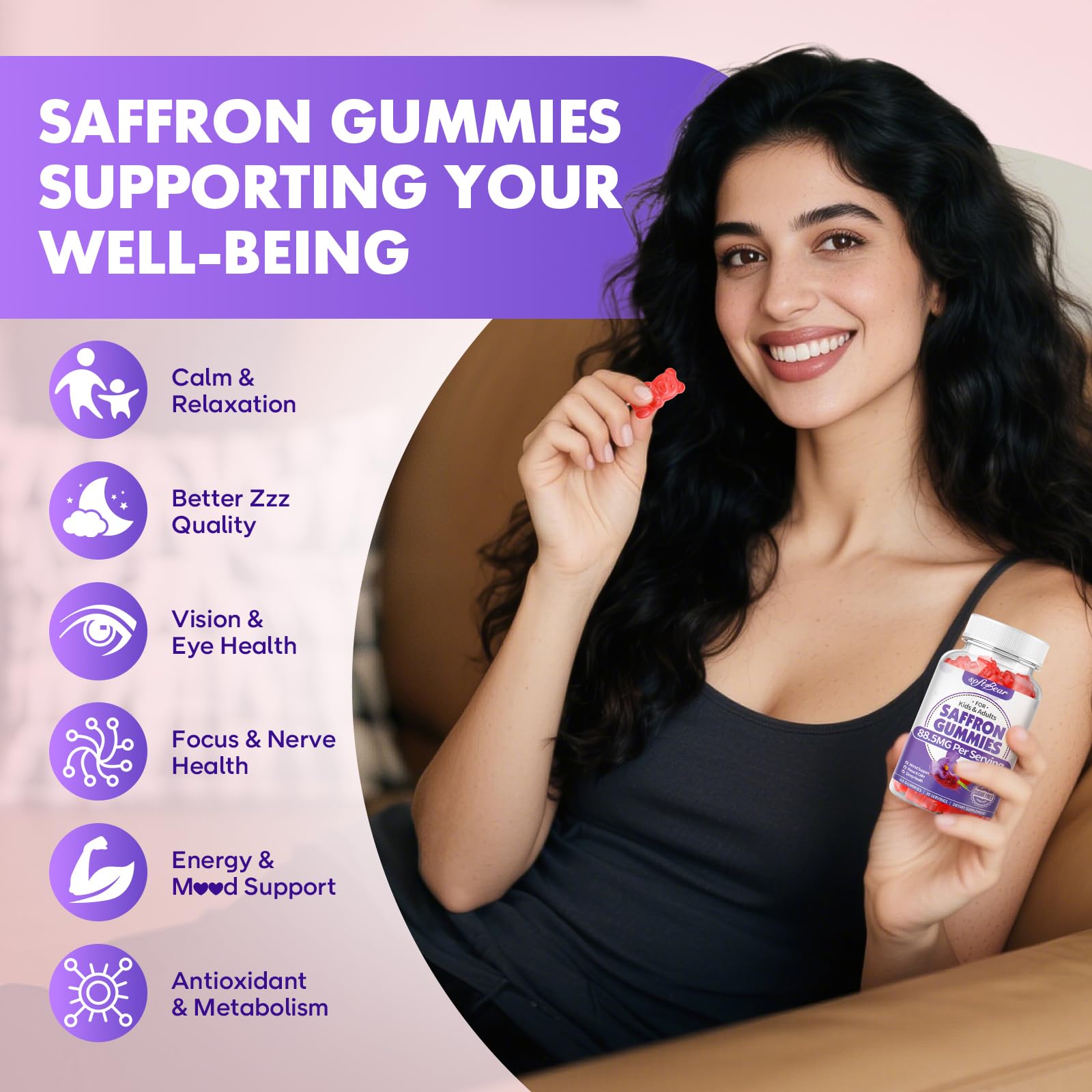 Softbear saffron gummies kids-taking depicts child-friendly, safe daily supplement.