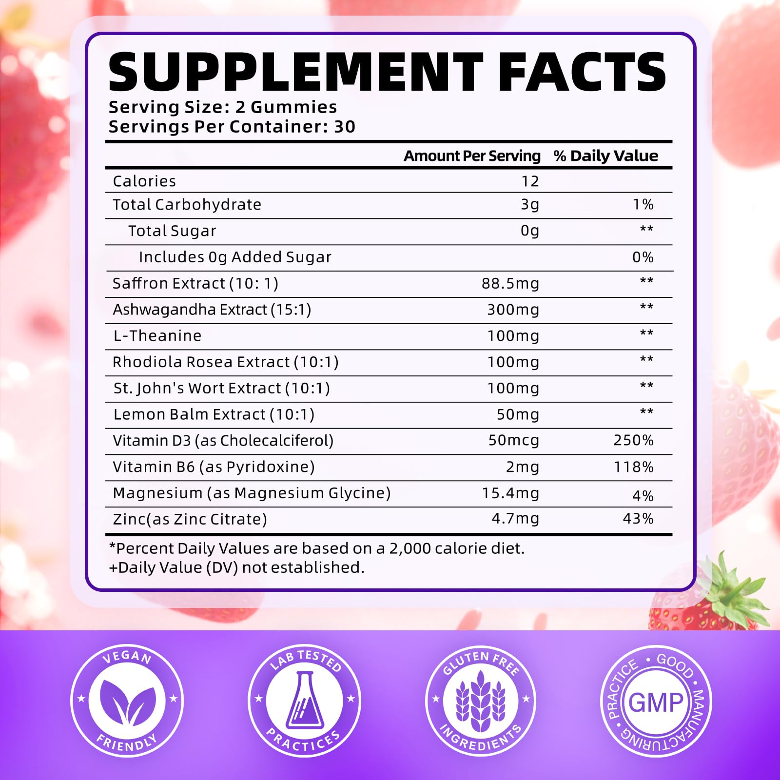 Softbear saffron gummies label highlights 10-in-1 blend and organic ingredients.