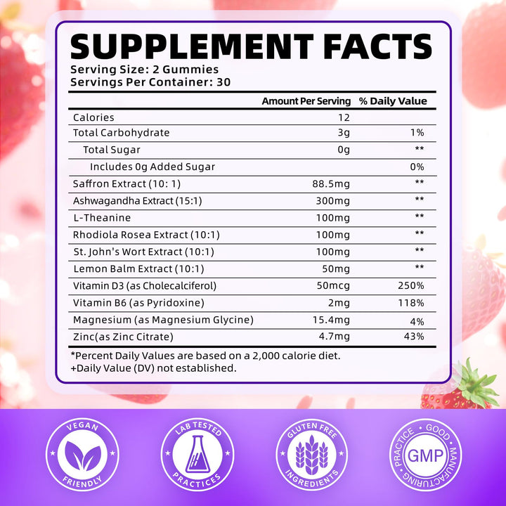 Softbear saffron gummies label highlights 10-in-1 blend and organic ingredients.