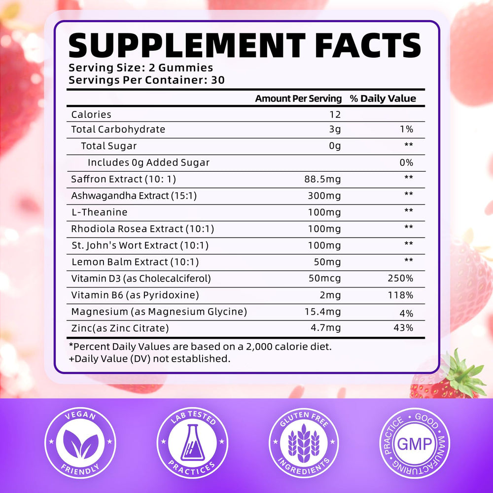 Softbear saffron gummies label highlights 10-in-1 blend and organic ingredients.