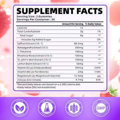 Softbear saffron gummies label highlights 10-in-1 blend and organic ingredients.