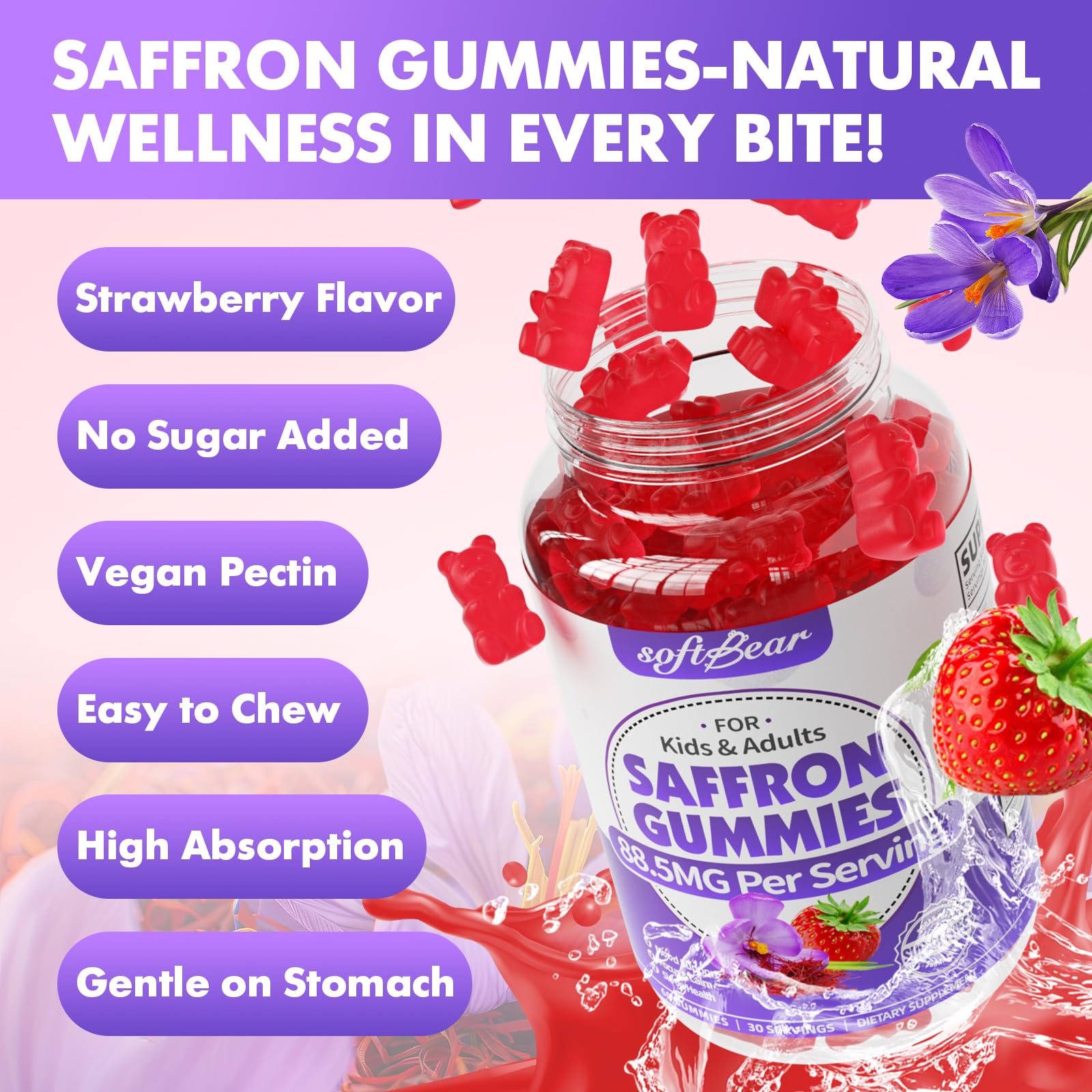 Softbear saffron gummies organic-ingredients emphasizes vegan non-GMO formula.