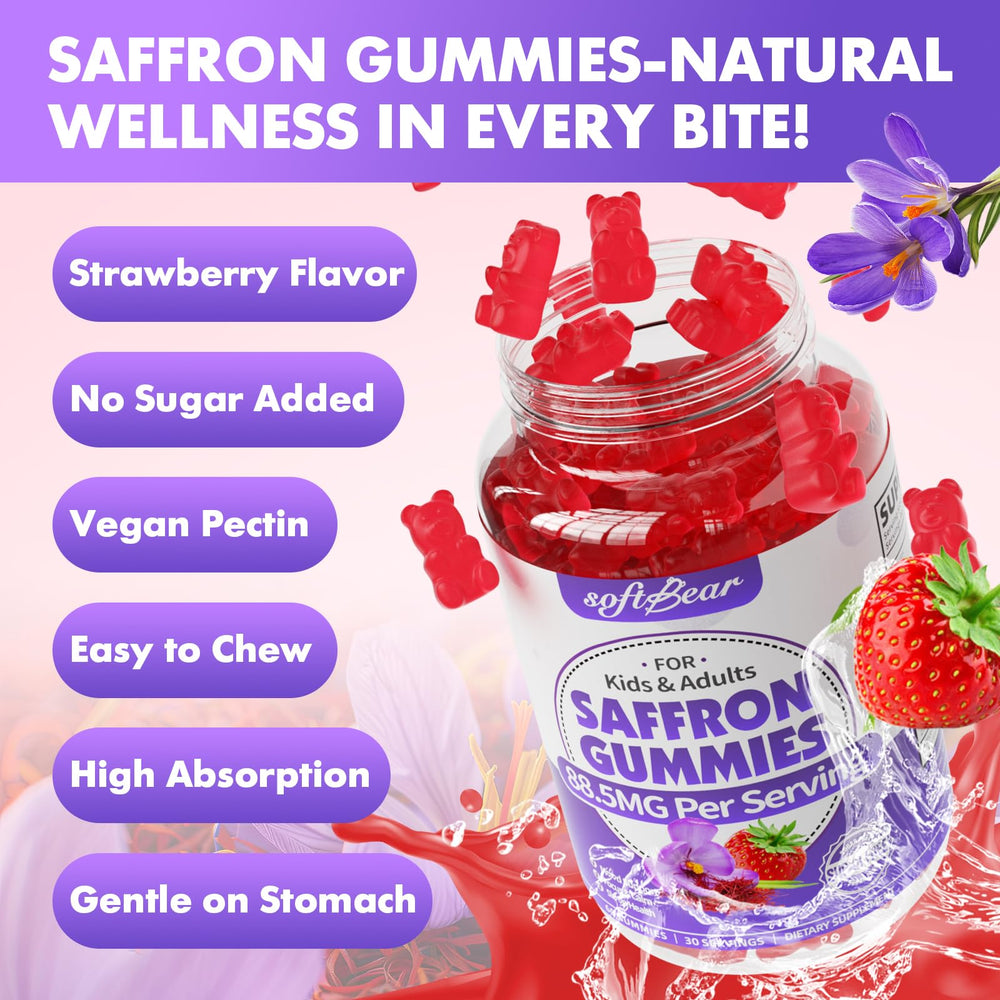 Softbear saffron gummies organic-ingredients emphasizes vegan non-GMO formula.