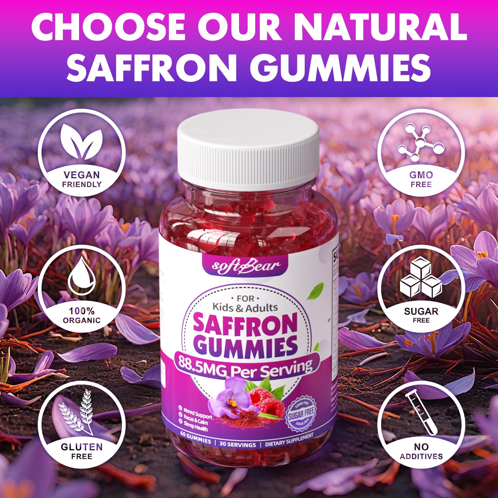 Softbear saffron gummies are organic and non-GMO for clean use.