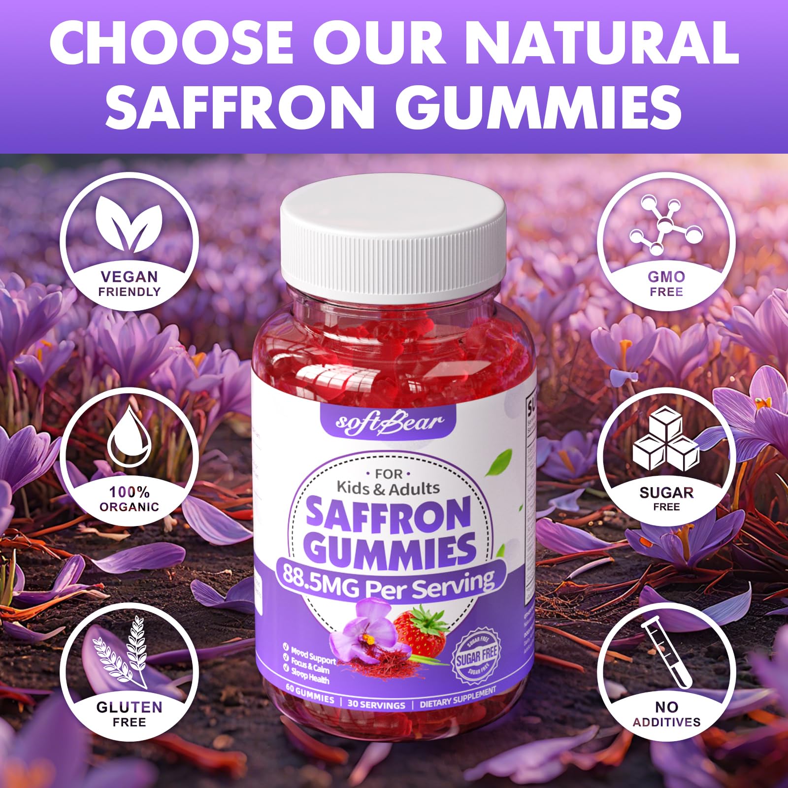 Softbear saffron gummies packaging highlights eco-friendly, sugar-free formula.