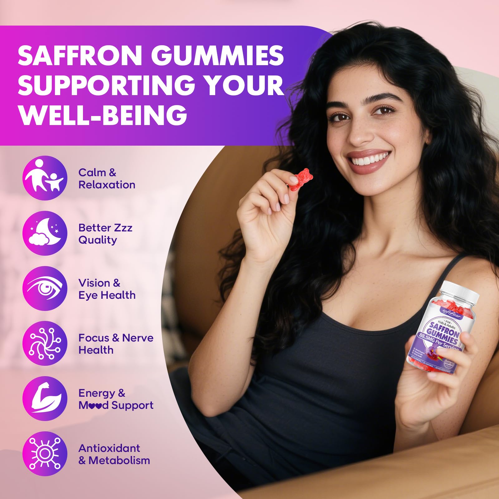 Softbear saffron gummies raspberry flavor showcases organic, sugar-free ingredients.