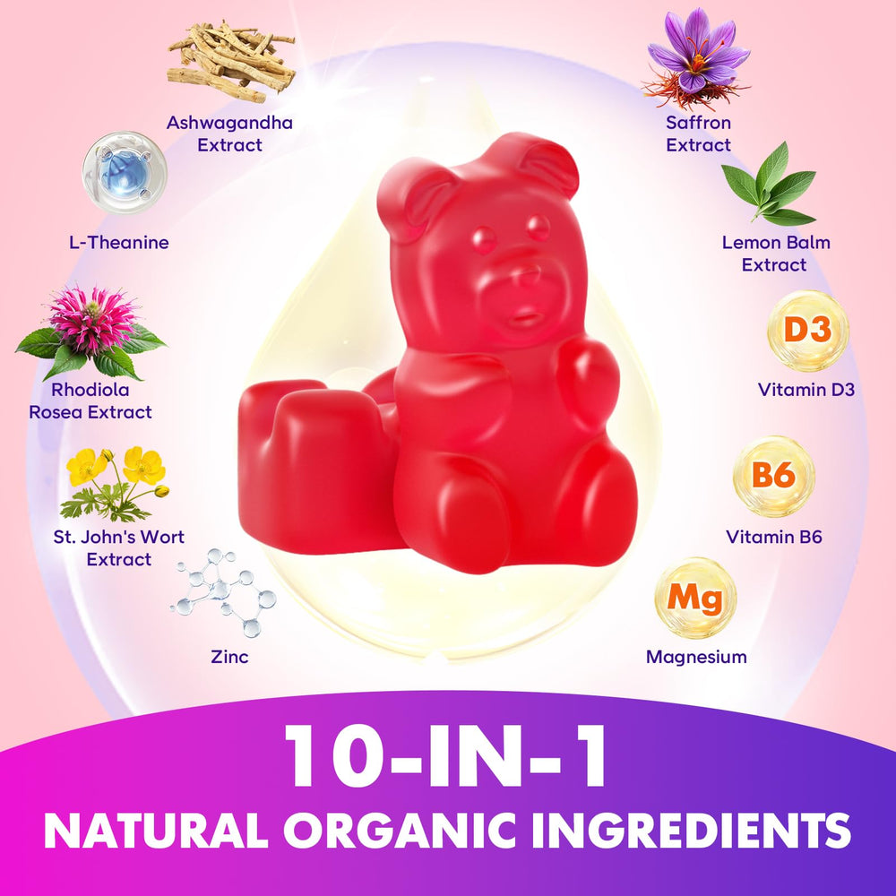 Softbear saffron gummies bottle highlighting the ten-in-one formula for balance.