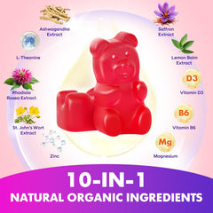 Softbear saffron gummies bottle highlighting the ten-in-one formula for balance.