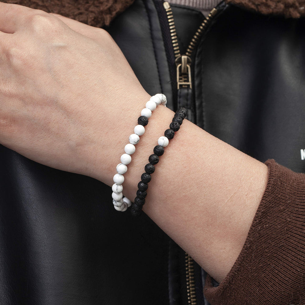 Softones 6mm lava stone bracelet on the wrist, unisex style.