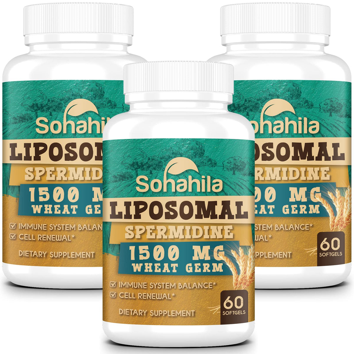 Sohahila Spermidine softgel bottle front highlighting the premium formula and packaging