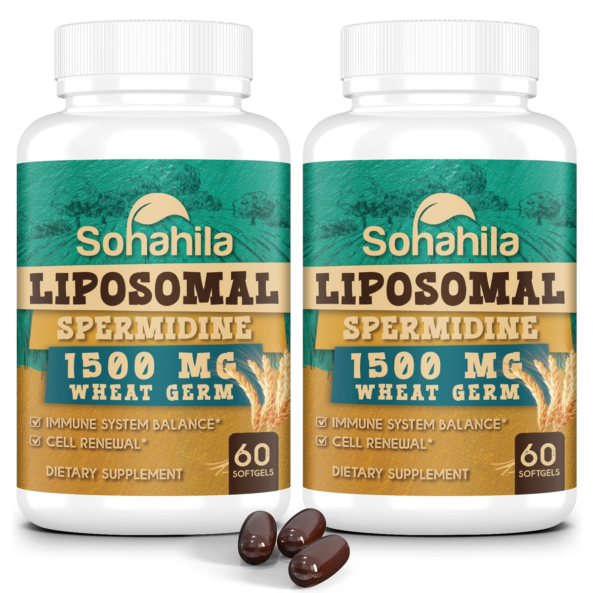 Sohahila Spermidine softgels bottle highlighting high-purity formula for daily support.