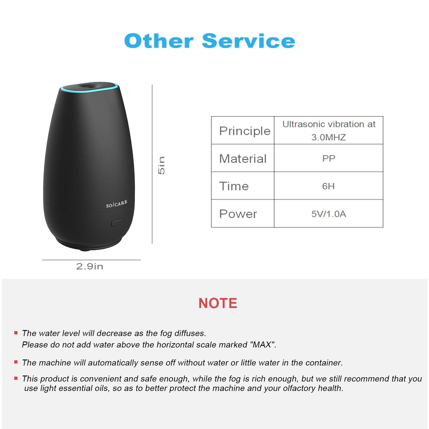 SOICARE diffuser powered by USB 5V 1A for easy charging