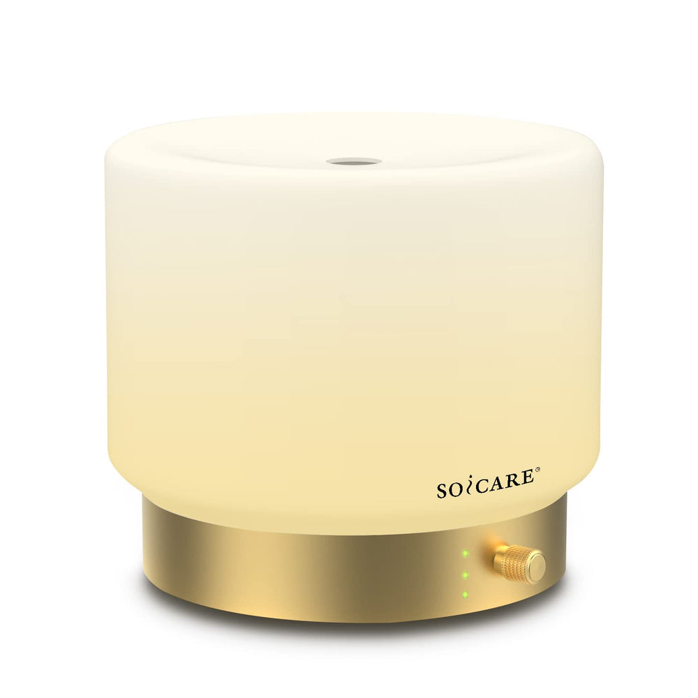 SOICARE glass diffuser with gold base offers stylish aromatherapy in any room.