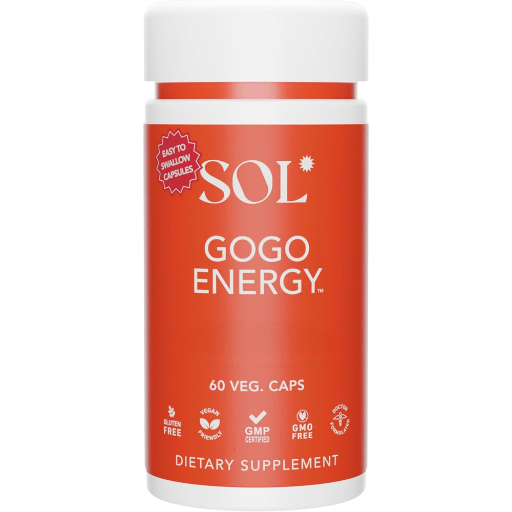 Sol Nutrition GoGo Energy bottle front view for daily focus and steady energy