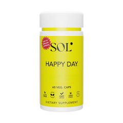 Sol Nutrition Happy Day supplement bottle with easy-to-swallow capsules for daily wellness support.