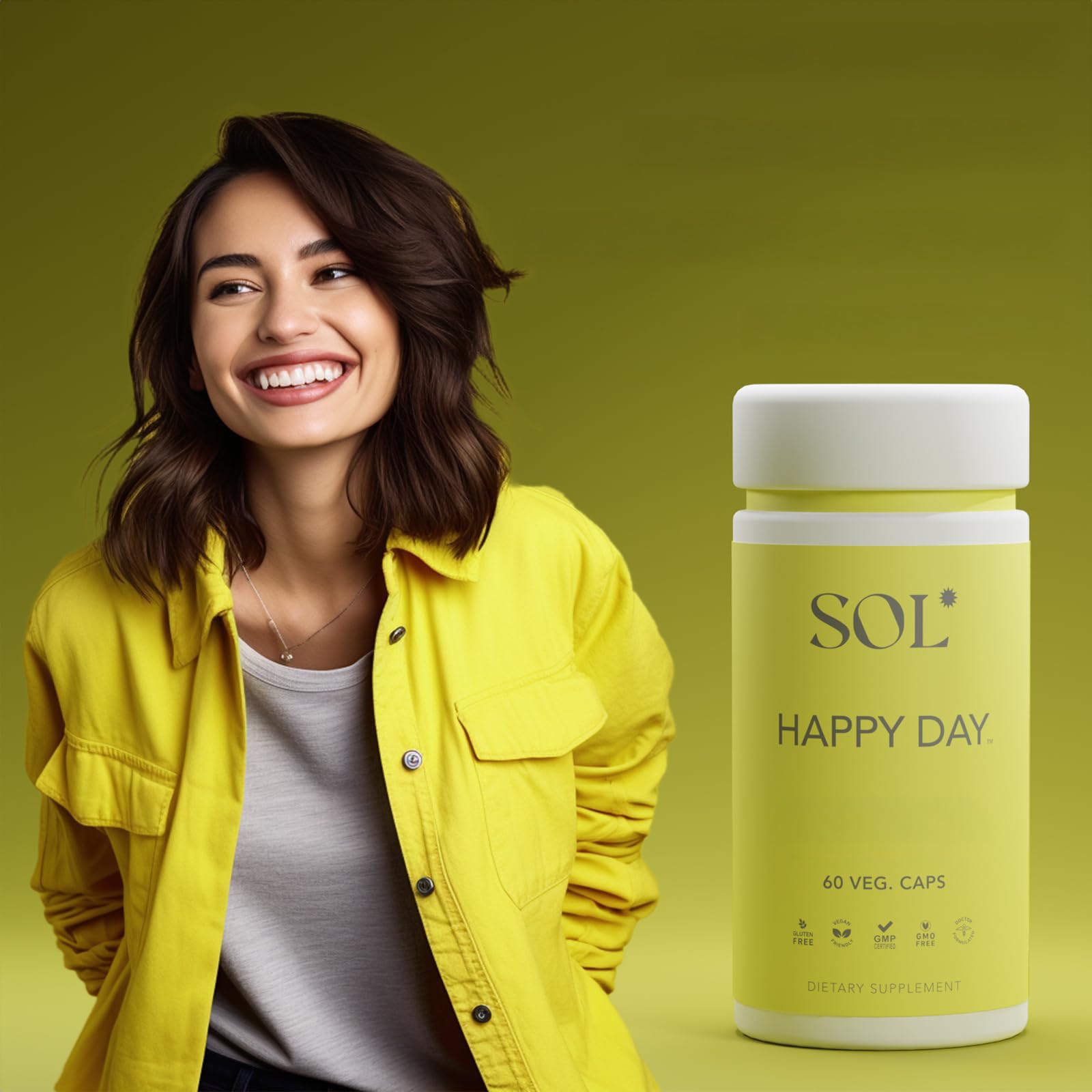 Sol Nutrition Happy Day capsules blended in a smoothie for easy daily intake.